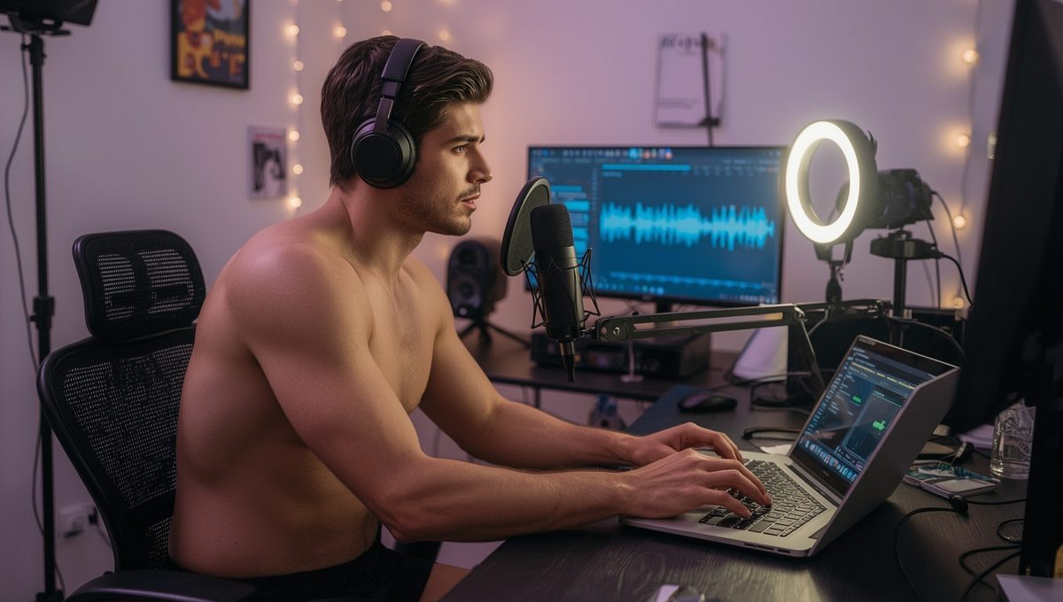 Male cam performer with professional streaming setup